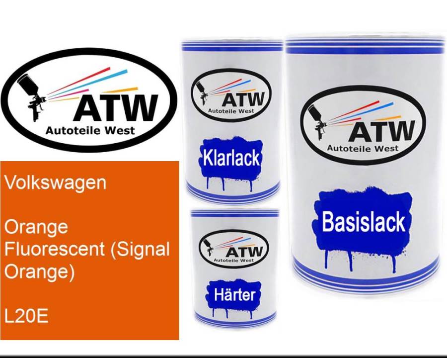 Volkswagen, Orange Fluorescent (Signal Orange), L20E: 500ml Lackdose + 500ml Klarlack + 250ml Härter - Set, von ATW Autoteile West.